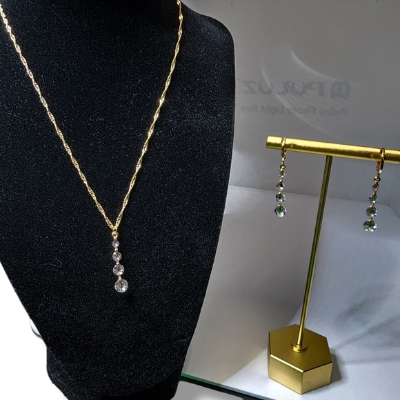 Clear Crystal Waterfall Earrings with Necklace in Gold Singapore Chain Dainty - Picture 7 of 16